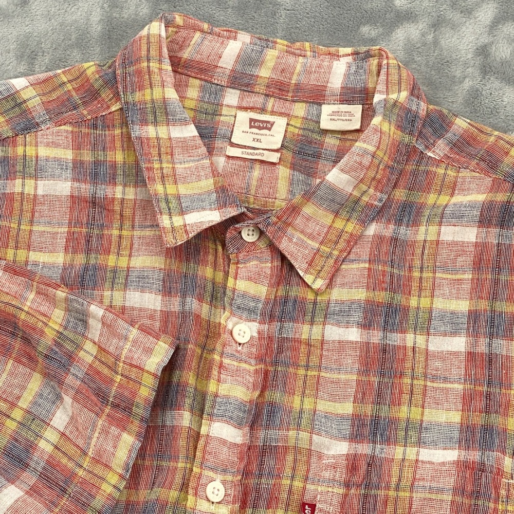 Levis Mens XXL Linen Blend Plaid Short Sleeve Button Up Shirt Red Yellow Blue